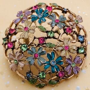 Vintage Brooch - 1960’s Signed Monet Flower Rhinestone Enamel Gold Tone Brooch